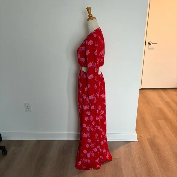 WAYF Womens Maxi Dress Size XS Red Pink Floral Long Sleeve Cutout Deep V - Picture 2 of 10